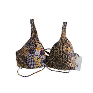 NWT Shade & Shore Women’s Bikini Top 34D Lined Tie Back Multi Geo Print Swimwear